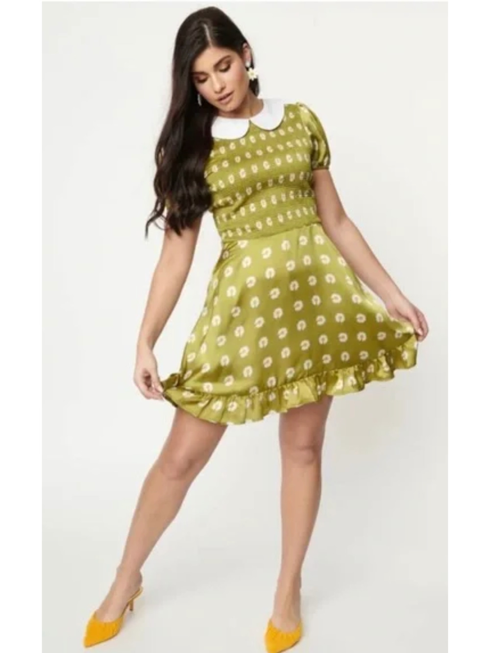 Smak Parlour Womens Green Floral Smocked Short Sleeve Flare Dress Size Medium